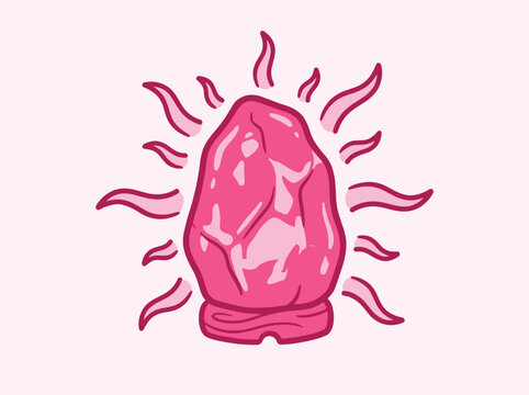 Vector illustration of a glowing pink himalayan salt lamp, a natural rock crystal lamp emitting light, decorative home interior item