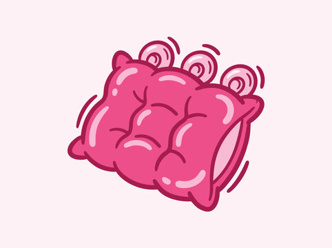 Cartoon illustration of a pink fluffy pillow with decorative swirls, soft plush cushion for bedroom decor, vector icon design