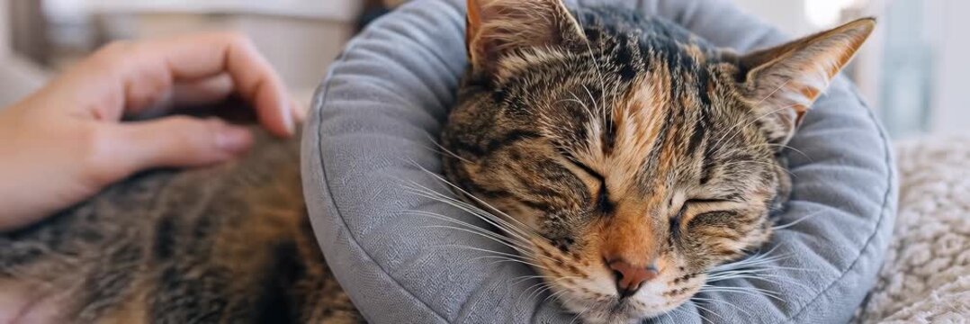 Recovering tabby cat wearing a soft protective collar while being gently comforted, animated veterinary website banner