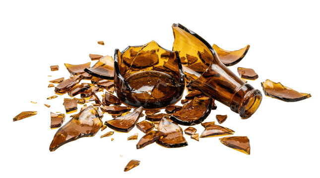 Broken brown glass bottle on the floor isolated on transparent background