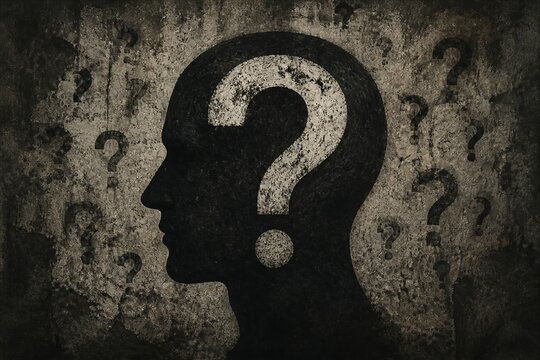 Human silhouette with question mark symbols on textured background
