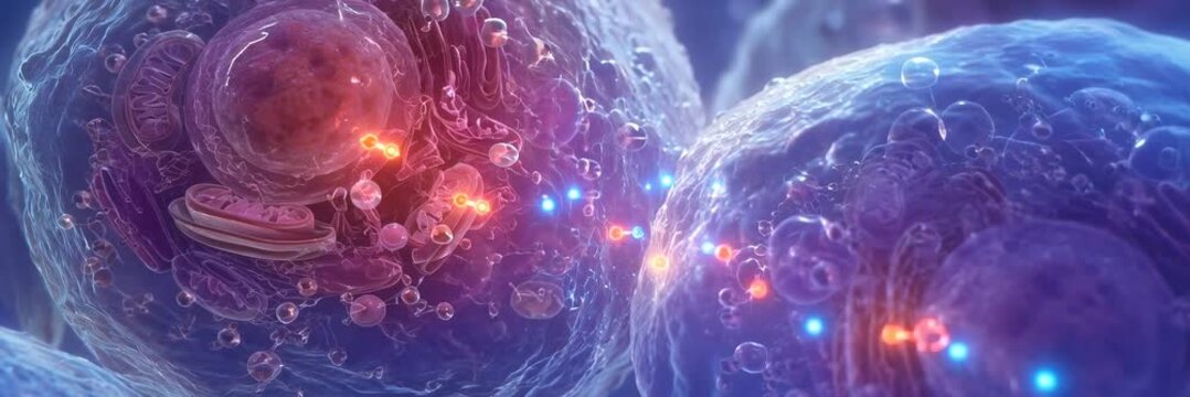 Microscopic human cells connected by glowing molecular signals, animated biotechnology website banner