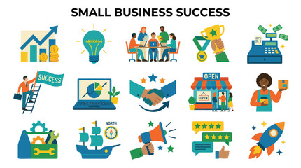 Naklejka premium Flat Vector Illustration Set: Small Business Success Icons, Entrepreneurship, Startup Growth, Marketing Finance Concepts.