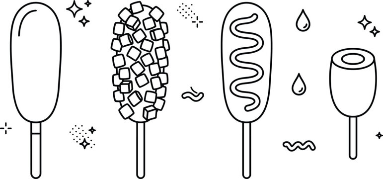 Corn dog icon set with Korean gamja hotdog mustard drizzle and skewered snacks
