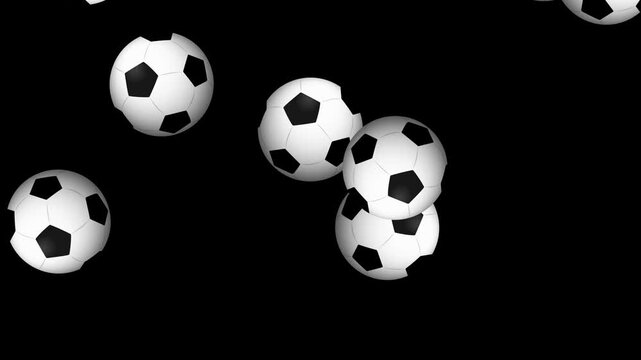 Multiple Soccer Balls Bouncing and Falling Against a Solid Black Background