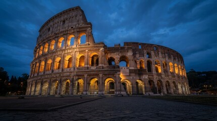 Fototapeta premium Majestic Roman Colosseum illuminated at twilight with warm glowing arches
