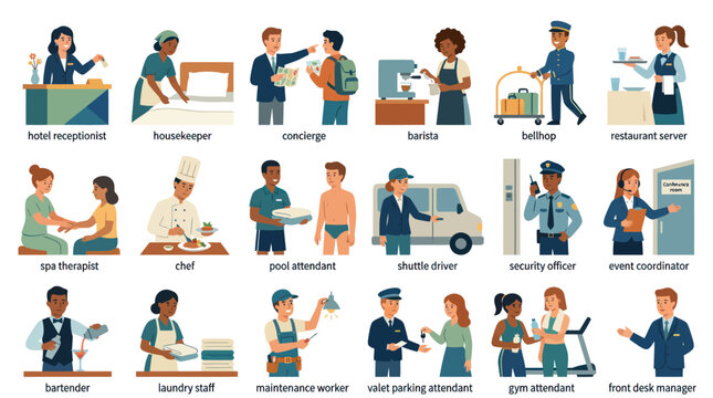 Hospitality Industry Hotel Staff and Service Workers Flat Design Vector Illustration Set
