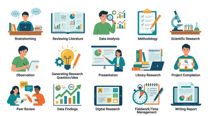 Fototapeta premium Flat Illustration of Research Process Icons: Brainstorming to Report Writing
