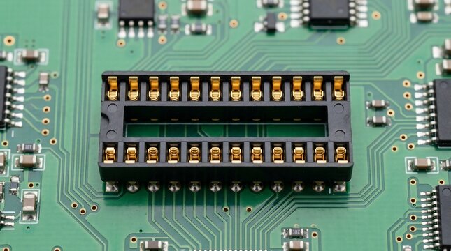 Electronic printed circuit board with an empty integrated circuit socket.