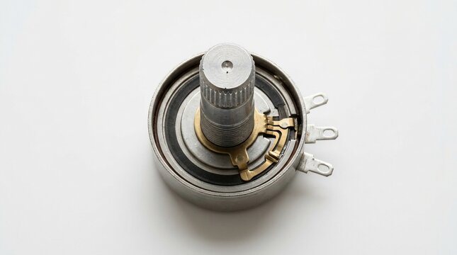 Electronic rotary potentiometer component on white background.