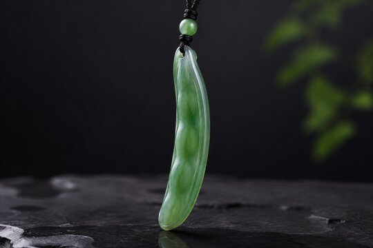 A slender green jade pendant shaped like a silique on a dark background.