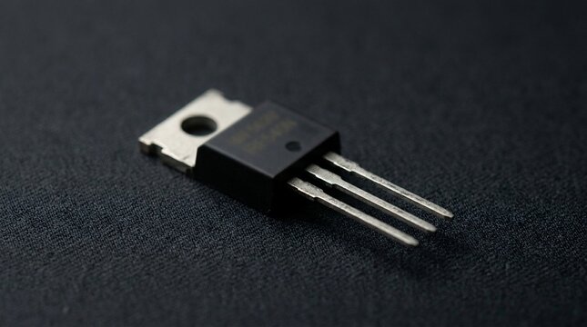 Electronic transistor component with three metal pins and heatsink tab.