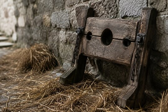 A rough wooden pillory in hay against a stone castle wall.