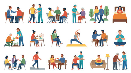 Fototapeta premium Flat Vector Illustrations of Healthcare, Mental Health, Therapy, Wellness Social Support Activities