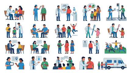 Fototapeta premium Medical Healthcare Flat Illustrations: Doctors, Nurses, Patients, Consultations, Preventative Care, Wellness