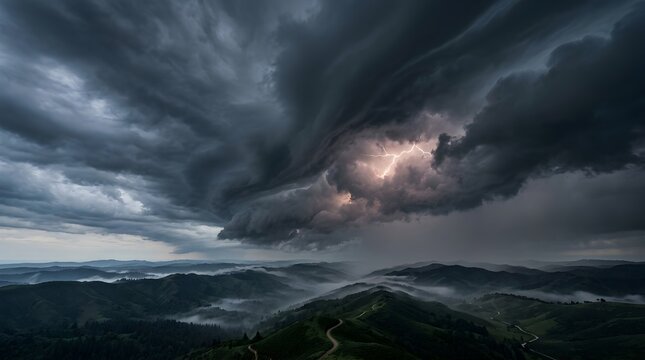 Storm clouds over rolling hills. Dark dramatic sky above rural landscape.