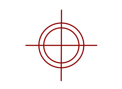 Red crosshair target icon on white background, minimalist sniper scope reticle, precision aiming symbol for gaming and military concepts