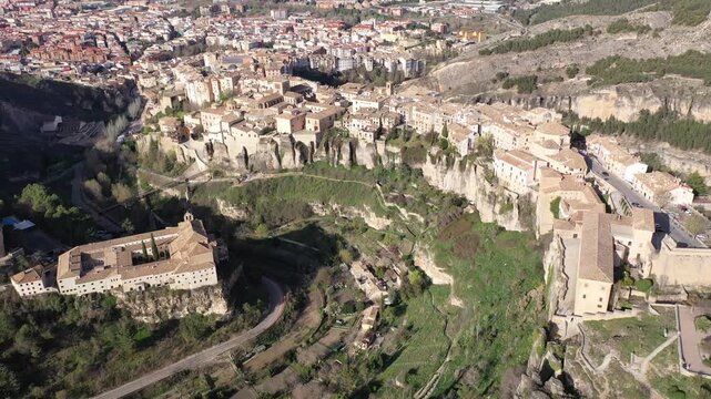 Aerial photo of Cuenca with view of medieval buildings. Castilla-La Mancha, Spain.