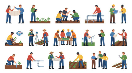 Fototapeta premium Agricultural Technology and Smart Farming Flat Vector Illustration with Farmers and Agronomists
