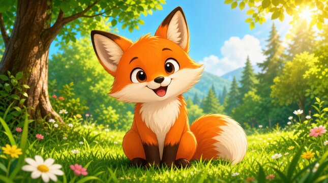 A cute cartoon fox sits happily in a vibrant sunlit forest clearing surrounded by flowers and lush greenery, with mountains visible in the distance.
