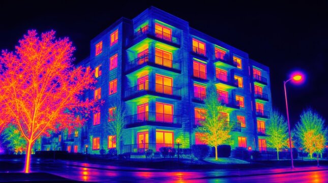 A thermal image showing a multi-story building and surrounding trees with varying heat emissions in vibrant colors against a dark night background.