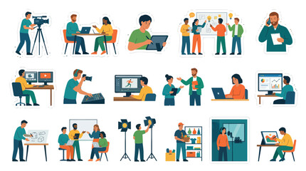 Fototapeta premium Flat Vector Icons of Creative Professionals Working in Technology and Media