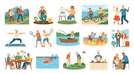 Fototapeta premium Senior Lifestyle Flat Vector Icons Set: Retirement Activities, Hobbies, Travel, Health