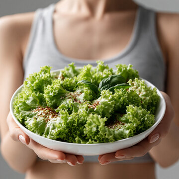 Close up green vegetable meal hoding by beautiful healthy woman , white background.