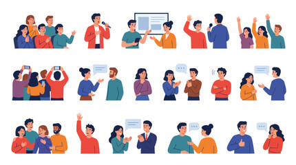 Fototapeta premium Flat Vector Business Communication People Illustrations: Meetings, Presentations, Discussions Engagement