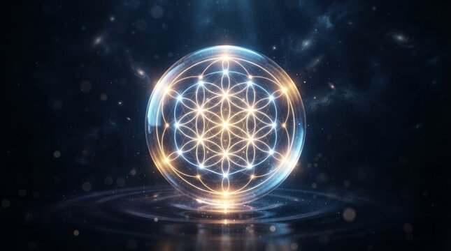 Luminous sacred geometry Flower of Life pulsating with cosmic energy and light.