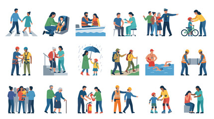 Fototapeta premium Help and Safety Flat Vector Illustration Set with People Providing Assistance and Care in Various Scenarios