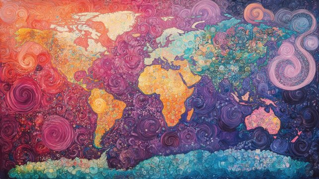 Abstract world map with swirling colors and shapes, symbolizing global travel patterns. The background is an intricate pattern of waves in shades of reds, oranges, yellows, blues, greens, and purples.