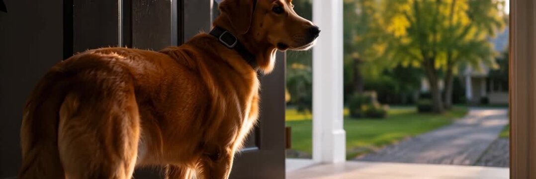 Golden retriever standing at an open front door and looking outside, animated website banner with copy space for text