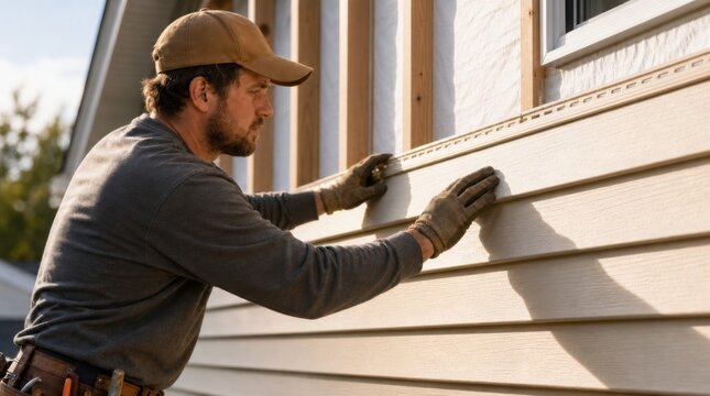 A man wearing gloves and a cap installs beige vinyl siding on a house exterior during daylight.