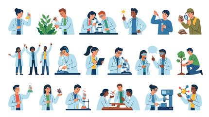 Fototapeta premium Scientists and Researchers at Work: Science Lab and Nature Flat Design Icons