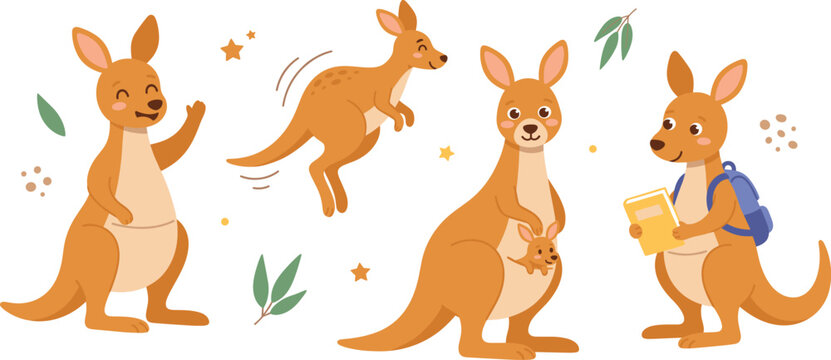 Cute kangaroo character set with jumping mother joey and school backpack vector illustrations