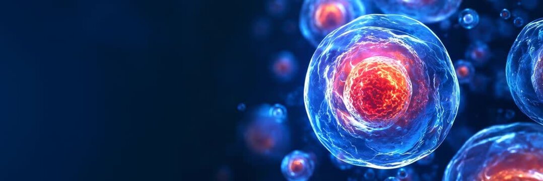 Glowing human cells with bright nuclei floating in a dark microscopic scene, animated science website banner with copy space for text