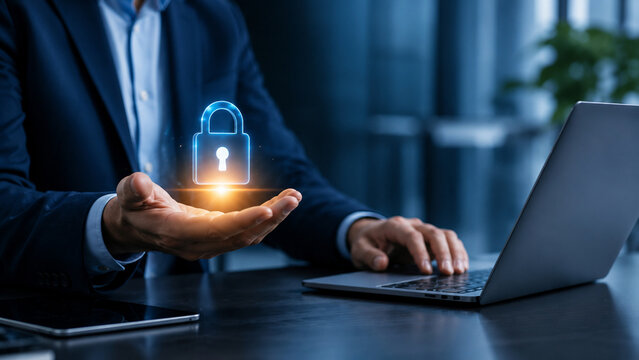 Business Data Security Lock Hologram at Office Desk