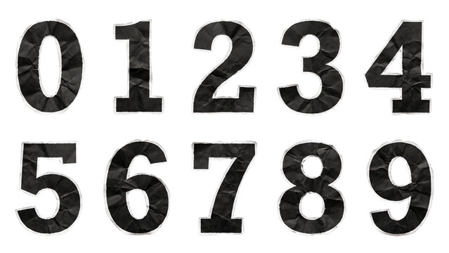 Black Crumpled Paper Textured Numbers 0-9 Set Isolated on White Background