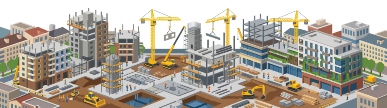 Isometric Construction Site with Cranes and Urban Development Buildings
