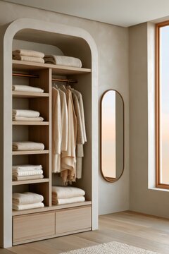Quiet luxury walk-in wardrobe featuring warm cream tones, neatly arranged towels and clothing, with a large mirror and natural light from a window