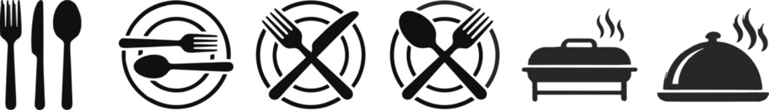 Restaurant dining etiquette solid icon set vector illustration featuring plate cutlery positions buffet chafing dish and cloche