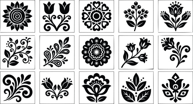 Black and white floral and leaf patterns, seamless textures