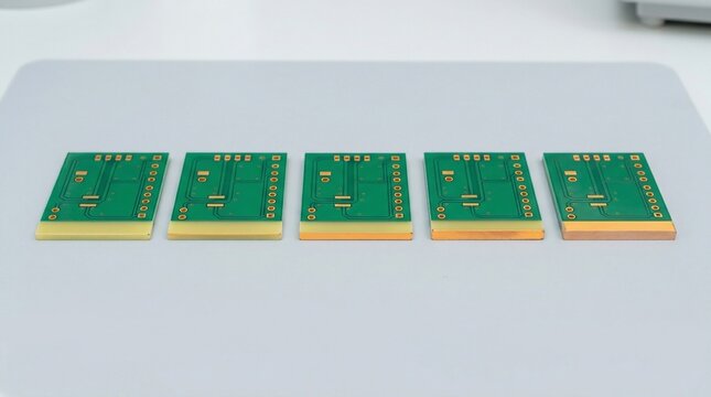 Five identical small green electronic circuit boards arranged in a row.