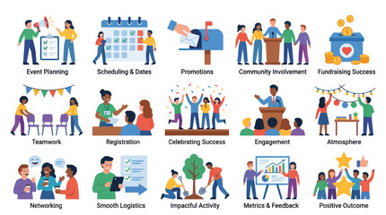 Naklejka premium Flat Vector Icons for Event Management and Planning Success