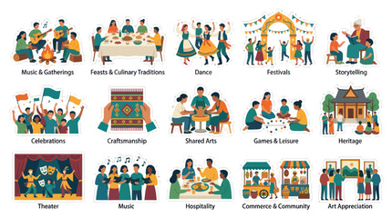 Naklejka premium Flat Style Vector Icons of Cultural Activities and Traditions