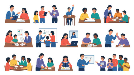 Fototapeta premium Education Activities Flat Design Illustration Set with Teachers, Students, and Diverse Learning Interactions