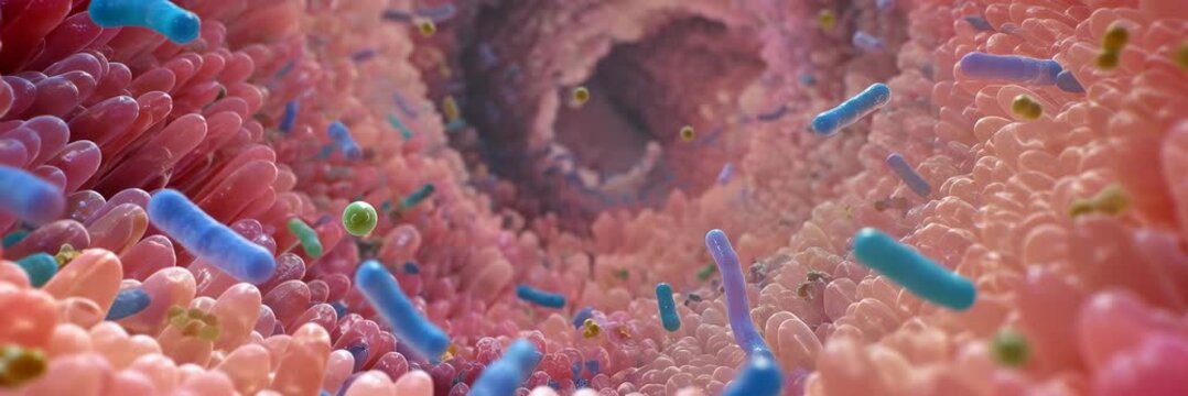 Colorful gut bacteria living among intestinal cells, animated microbiome science website banner