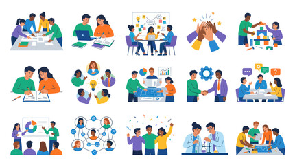 Fototapeta premium Diverse Teamwork and Collaboration Concepts Flat Vector Illustration Set for Business and Education