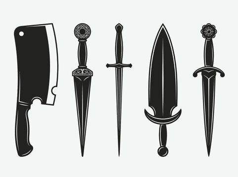 Black Silhouette Medieval Daggers and Meat Cleaver Set